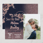 Invitation Rose Gold Pailleté Fleurs Bleu Marine Save the Dat (Devant / Derrière)