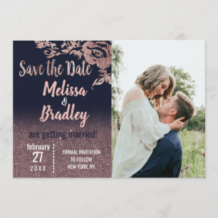 Invitation Rose Gold Pailleté Fleurs Bleu Marine Save the Dat