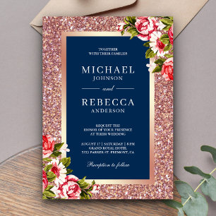 Invitation Rose Gold Pailleté Fleurs Roses Bleu Marine Mariag