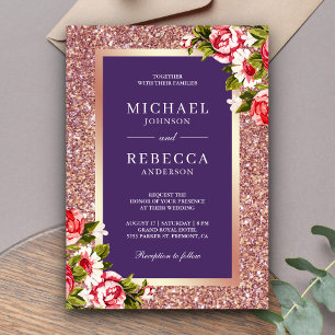 Invitation Rose Gold Pailleté Fleurs Violettes Mariage