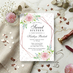 Invitation Rose Gold Pailleté Floral Douce 16e Anniversaire