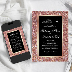 Invitation Rose Gold Pailleté Mariage Musulman Islamique Noir