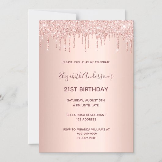 Invitation rose gold pailleté pour 21 ans (Recto)