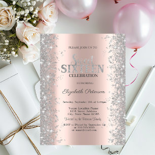 Invitation Rose Gold Pailletés Confetti Argent Sweet 16