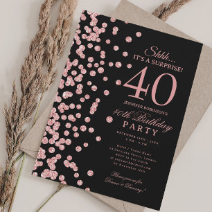 Invitation Rose Gold Pailletés Surprise 40e Anniversaire Noir