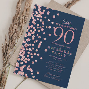 Invitation Rose Gold Pailletés Surprise 90e Anniversaire Bleu