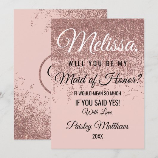 Invitation Rose Gold Paillette Blush Rose Fille d'Honneur (Devant / Derrière)