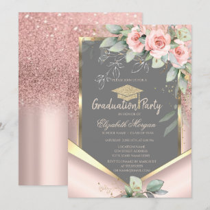 Invitation Rose Gold Paillettes Blush Roses Remise de diplôme