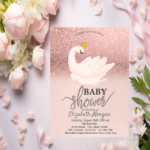Invitation Rose Gold Paillettes Bokeh, Baby Shower de Cygne