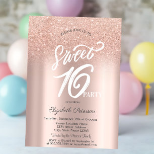 Invitation Rose Gold Paillettes Bokeh Ombre Douce 16