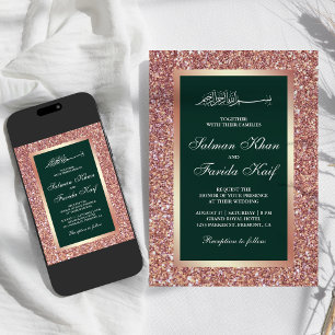 Invitation Rose Gold Paillettes Émeraude Mariage Islamique Mu