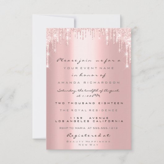 Invitation Rose Gold Paillettes Gouttes Mariage Douce 16e (Devant)