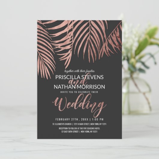 Invitation Rose Gold Palm Tree Frances Noir moderne Mariage (Debout devant)