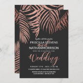 Invitation Rose Gold Palm Tree Frances Noir moderne Mariage (Devant / Derrière)