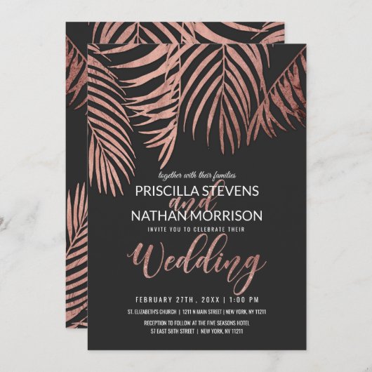 Invitation Rose Gold Palm Tree Frances Noir moderne Mariage (Devant / Derrière)