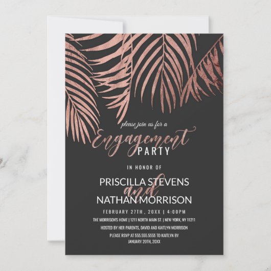 Invitation Rose Gold Palm Tree Fronds Black Modern Fiançaille (Devant)
