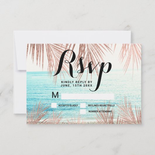 Invitation Rose gold palmier plage photo RSVP mariage (Devant)