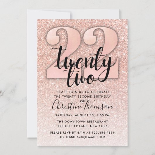 Invitation Rose Gold Parties scintillant 22e anniversaire Inv (Devant)