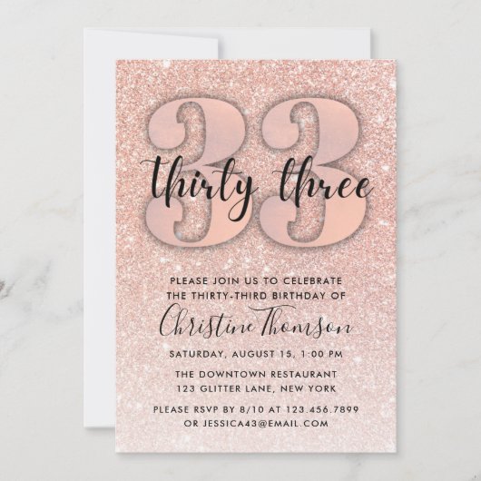 Invitation Rose Gold Parties scintillant 33ème anniversaire I (Devant)