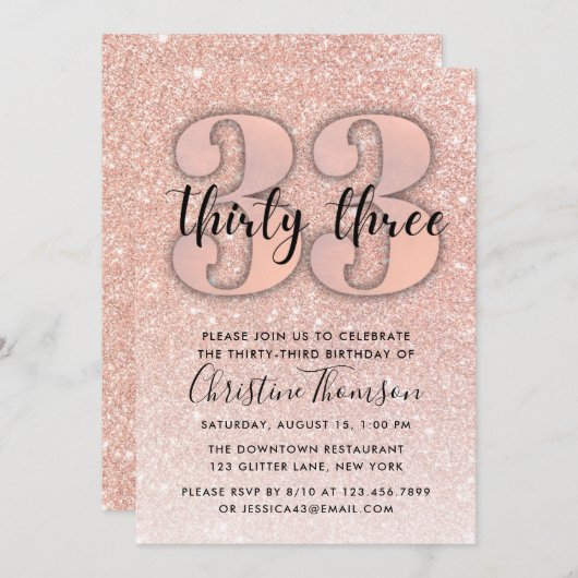 Invitation Rose Gold Parties scintillant 33ème anniversaire I (Devant / Derrière)