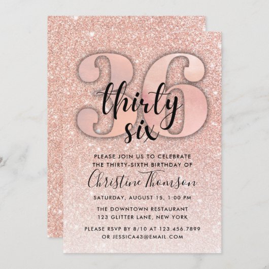 Invitation Rose Gold Parties scintillant 36e anniversaire Inv (Devant / Derrière)
