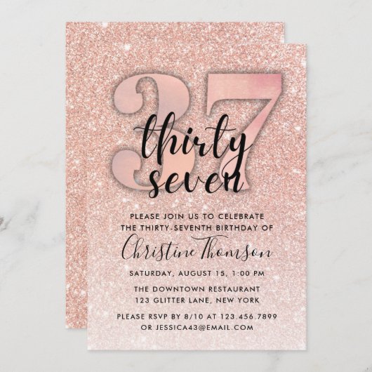Invitation Rose Gold Parties scintillant 37e anniversaire Inv (Devant / Derrière)