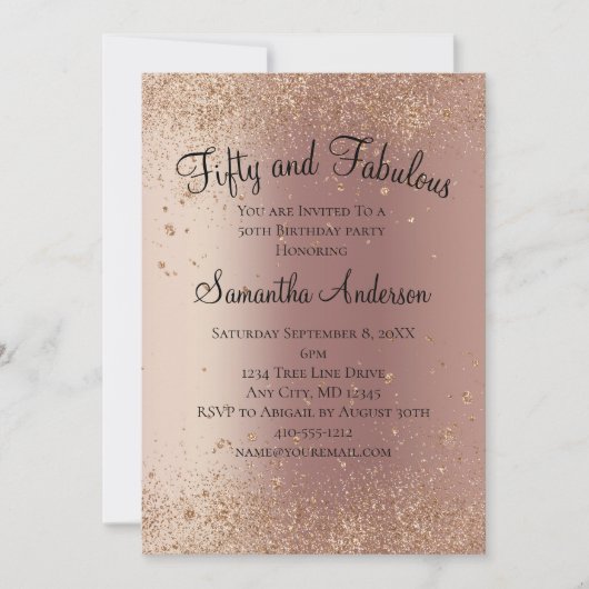Invitation Rose Gold Parties scintillant 50 et Fabulous Birth (Devant)