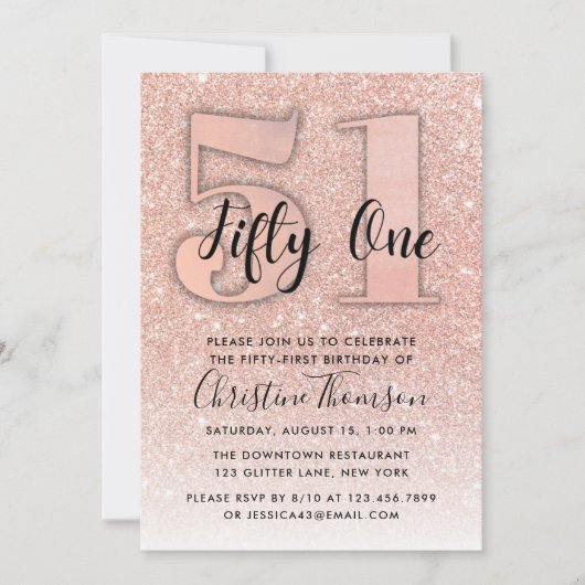 Invitation Rose Gold Parties scintillant 51ème anniversaire I (Devant)