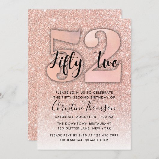 Invitation Rose Gold Parties scintillant 52ème anniversaire I (Devant / Derrière)