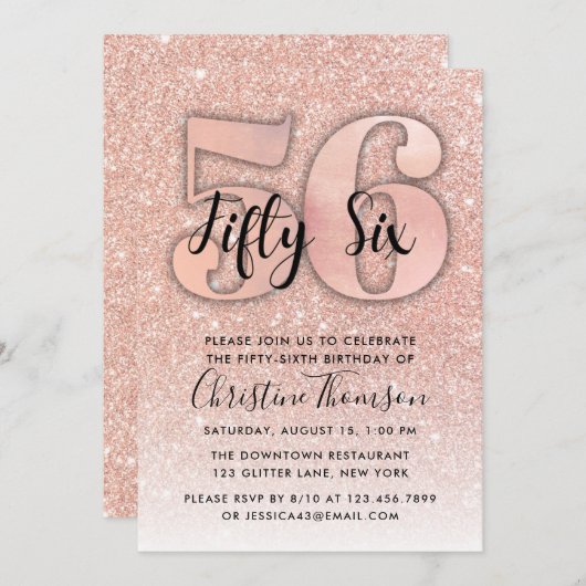 Invitation Rose Gold Parties scintillant 56e anniversaire Inv (Devant / Derrière)