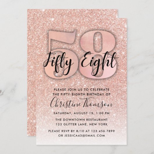 Invitation Rose Gold Parties scintillant 58e anniversaire Inv (Devant / Derrière)