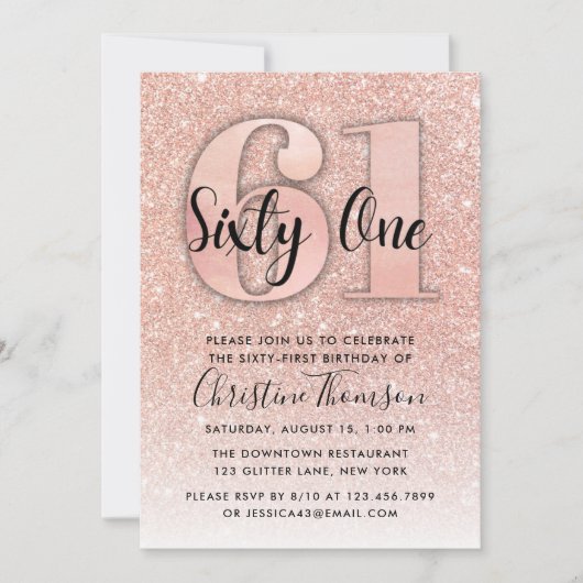 Invitation Rose Gold Parties scintillant 61ème anniversaire I (Devant)