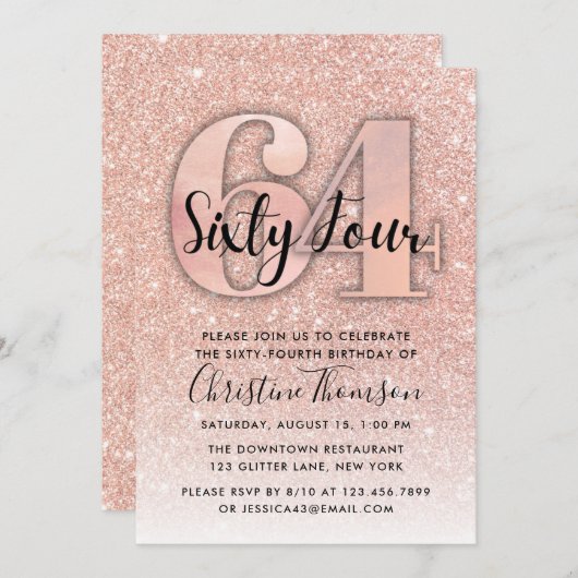 Invitation Rose Gold Parties scintillant 64e anniversaire Inv (Devant / Derrière)