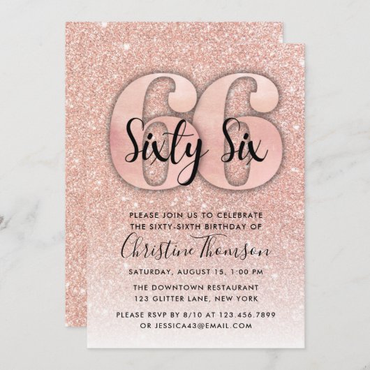 Invitation Rose Gold Parties scintillant 66e anniversaire Inv (Devant / Derrière)