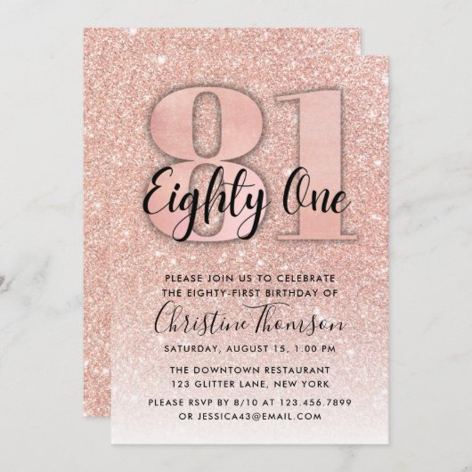 Invitation Rose Gold Parties scintillant 81ème anniversaire I (Devant / Derrière)