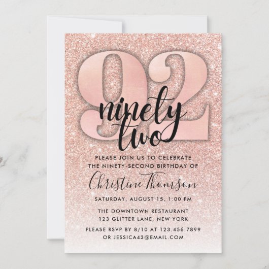 Invitation Rose Gold Parties scintillant 92ème anniversaire I (Devant)
