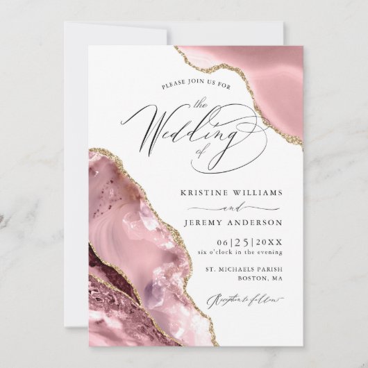 Invitation Rose Gold Parties scintillant Agate Script Mariage (Devant)