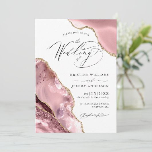 Invitation Rose Gold Parties scintillant Agate Script Mariage (Debout devant)