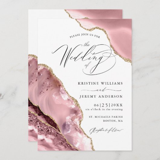Invitation Rose Gold Parties scintillant Agate Script Mariage (Devant / Derrière)