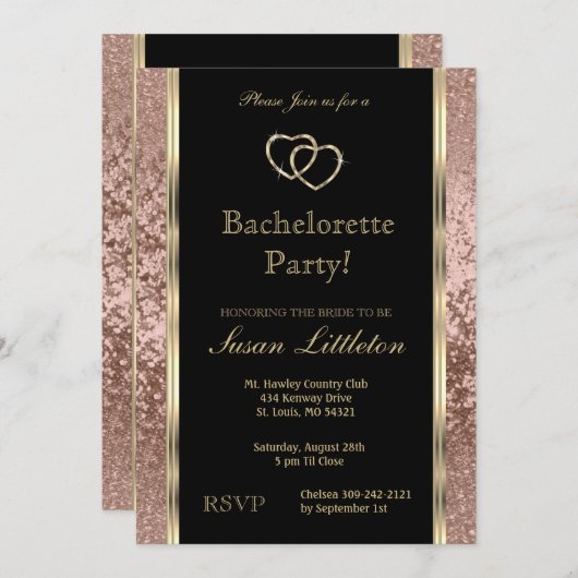 Invitation Rose Gold Parties scintillant Bachelorette Party I (Devant / Derrière)