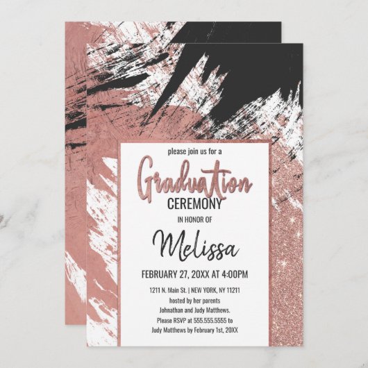 Invitation Rose Gold Parties scintillant Black Brushstroke Gr (Devant / Derrière)