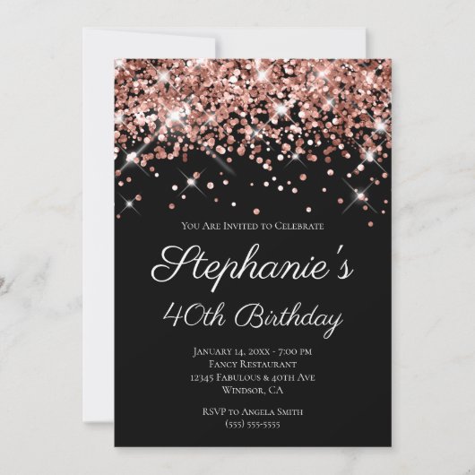 Invitation Rose Gold Parties scintillant Black Elegant 40e an (Devant)