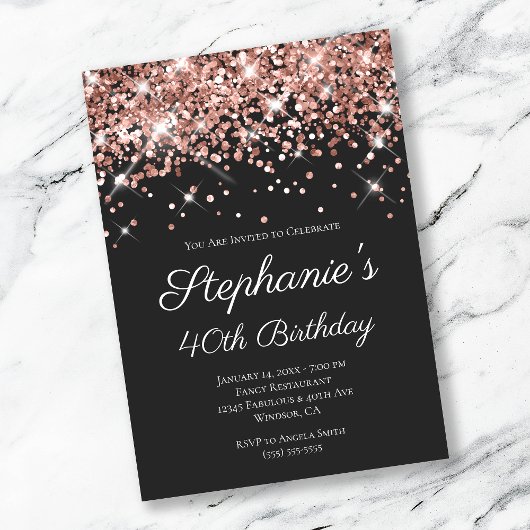Invitation Rose Gold Parties scintillant Black Elegant 40e an