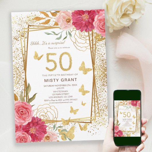 Invitation Rose Gold Parties scintillant Butterfies rose 50e