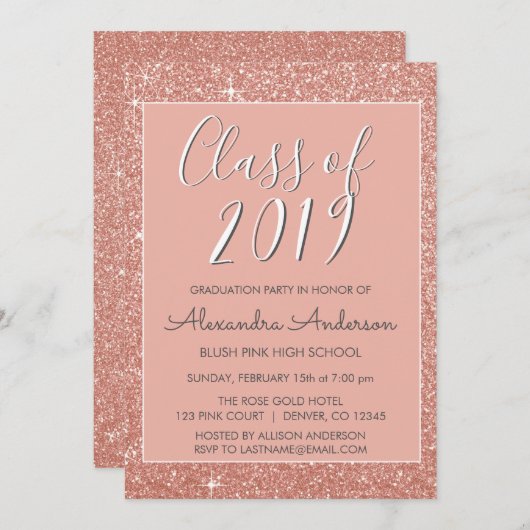 Invitation Rose Gold Parties scintillant Classe de 2019 Gradu (Devant / Derrière)