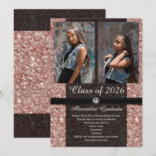 Invitation Rose Gold Parties scintillant classe photo de 2025 (Devant / Derrière)