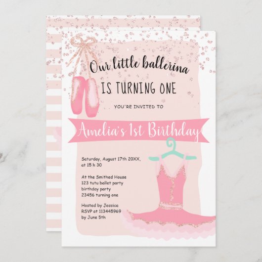 Invitation Rose Gold parties scintillant confetti ballerine 1 (Devant / Derrière)