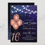 Invitation Rose Gold Parties scintillant Confetti Balloons Li<br><div class="desc">Cette invitation à la fête d'anniversaire de sweet sixteen fillette et glamour est parfaite pour la fille. Il présente des brins lumineux suspendus au-dessus de confettis de parties scintillant brillants en or imitation rose, des ballons et, "16" sur un arrière - plan abstrait bleu marine sombre. Joli, chic, moderne, tendance...</div>