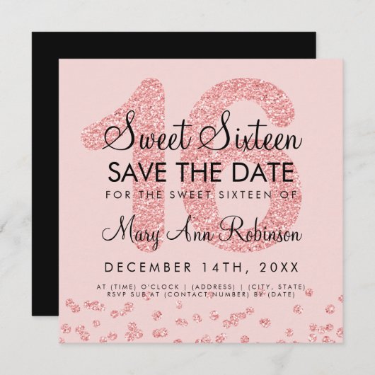 Invitation Rose Gold Parties scintillant Confetti Sweet 16 En (Devant / Derrière)