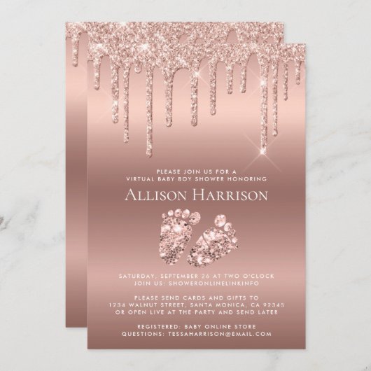 Invitation Rose Gold Parties scintillant Douche pour bébé vir (Devant / Derrière)